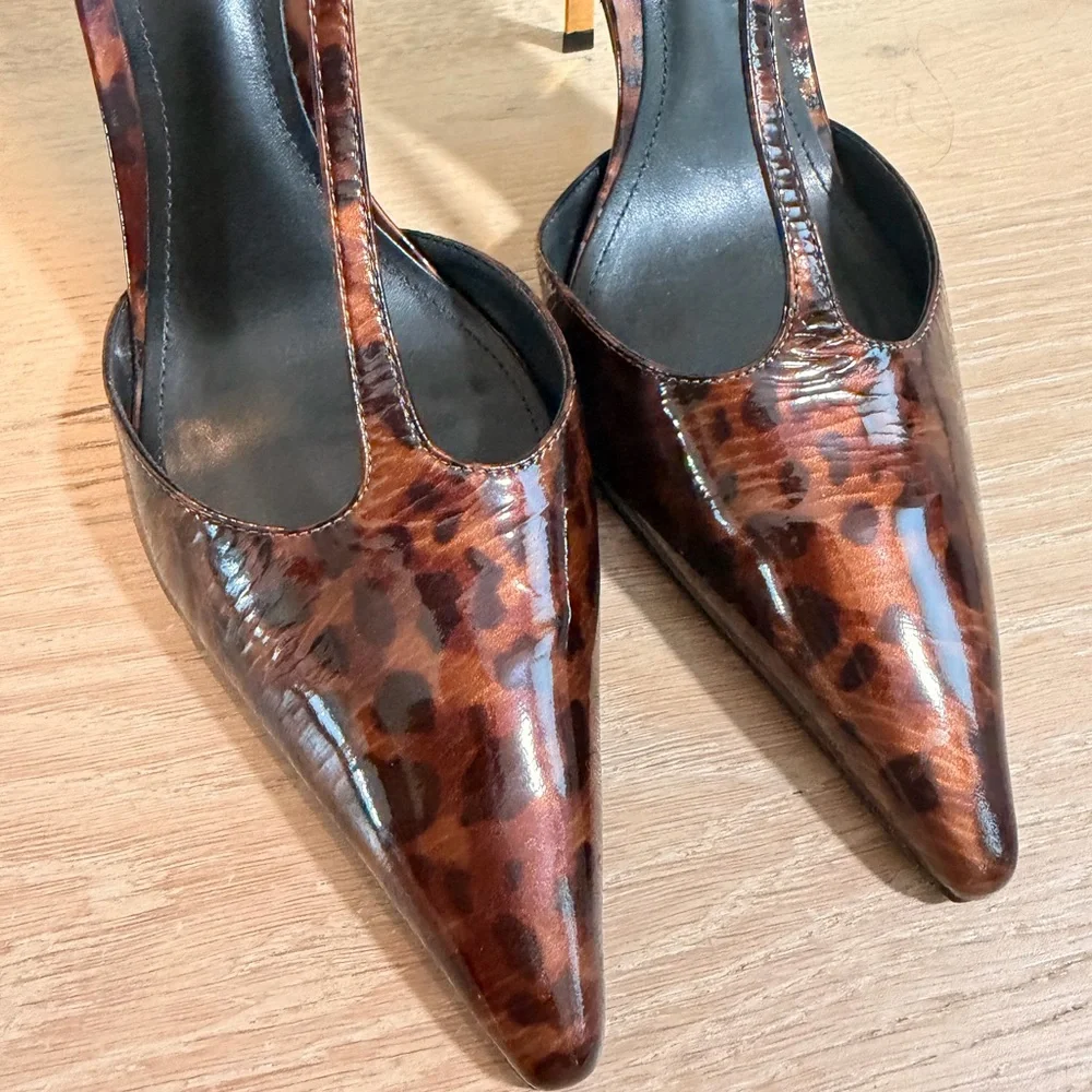 SCHUTZ T-Strap Pointed Toe Heels in Tortoiseshell Brown - Picture 9 of 10